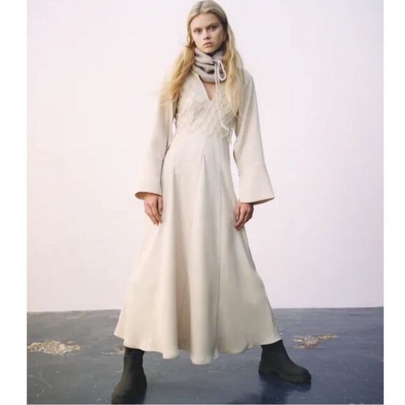 Zara Dresses & Skirts - NWT ZARA Bloggers Fav Voluminous V-Neck Cream Midi Women's Dress (Size S)
